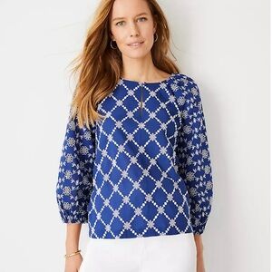 Ann Taylor royal blue embroidered eyelet long-sleeve split neck blouse